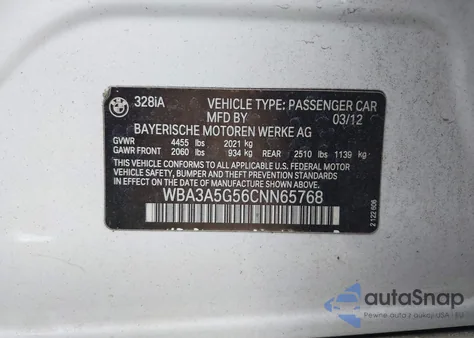 2012 BMW 328I z USA, uszkodzony, nr VIN WBA3A5G56CNN65768